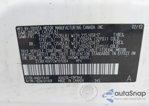 2012 Toyota Rav4 from USA, damaged, VIN 2T3BF4DV7CW191064